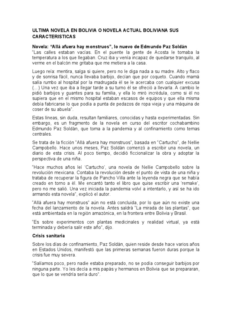 Ultima Novela en Bolivia o Novela Actual Boliviana Sus Caracteristicas