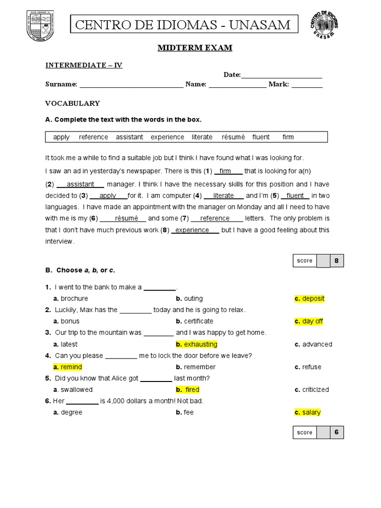 Intermediate Vocabulary and Grammar Test | PDF