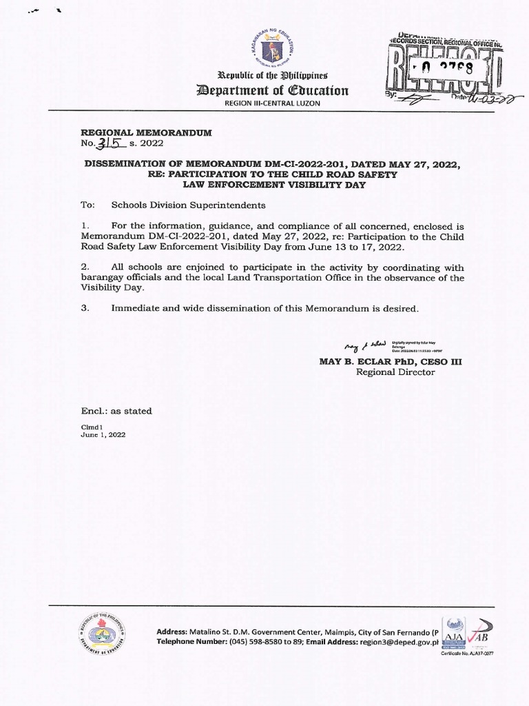 RM No. 315 S.2022 Dissemination of Memorandum DM Ci 2022 201 Dated May