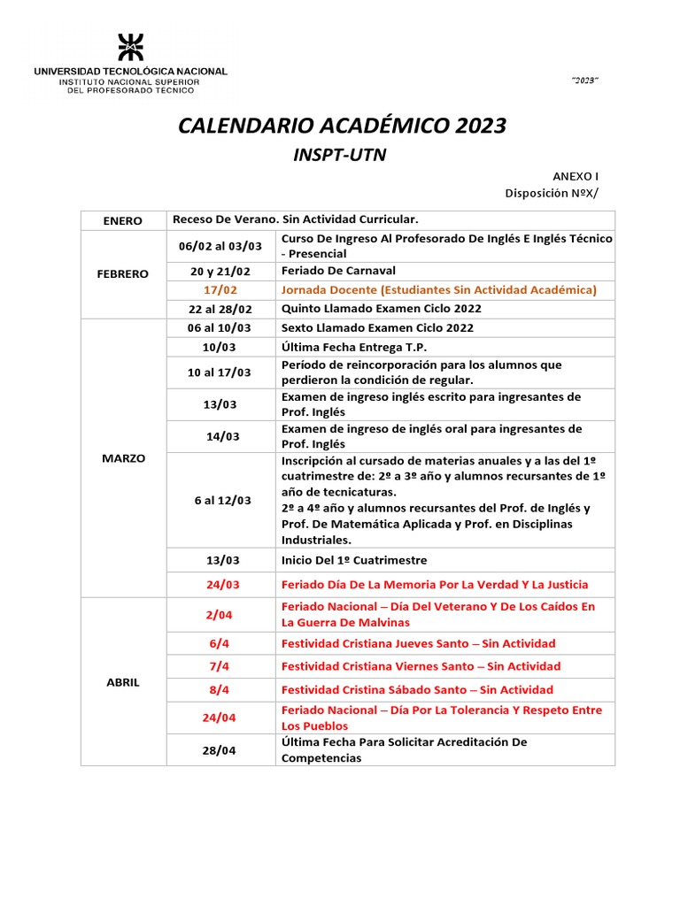 Calendario Académico Utn  PDF  Días festivos  Observancias