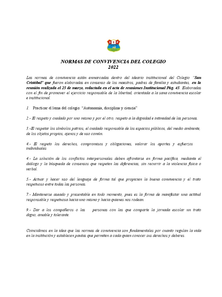 Normas de Convivencia Escolar 2022 | PDF | Institución