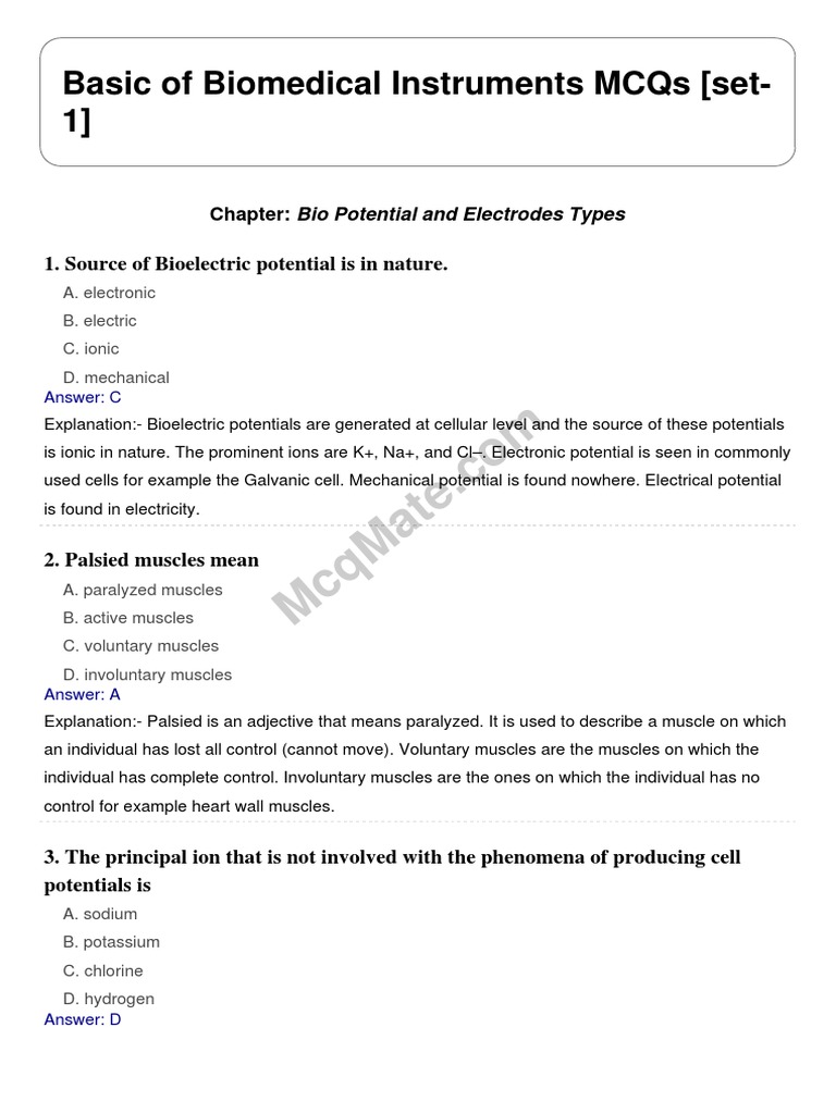 Basic of Biomedical Instruments Mcqs (Set1) Chapter Bio Potential and Electrodes Types PDF