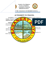 Authority To Travel: Barangay Kuya Office of The Barangay Government of Kuya