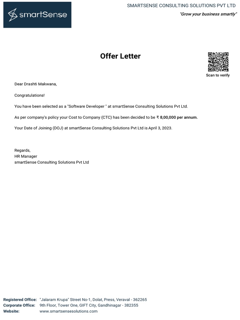 Offer Letter for Software Developer Position | PDF | Career & Growth ...