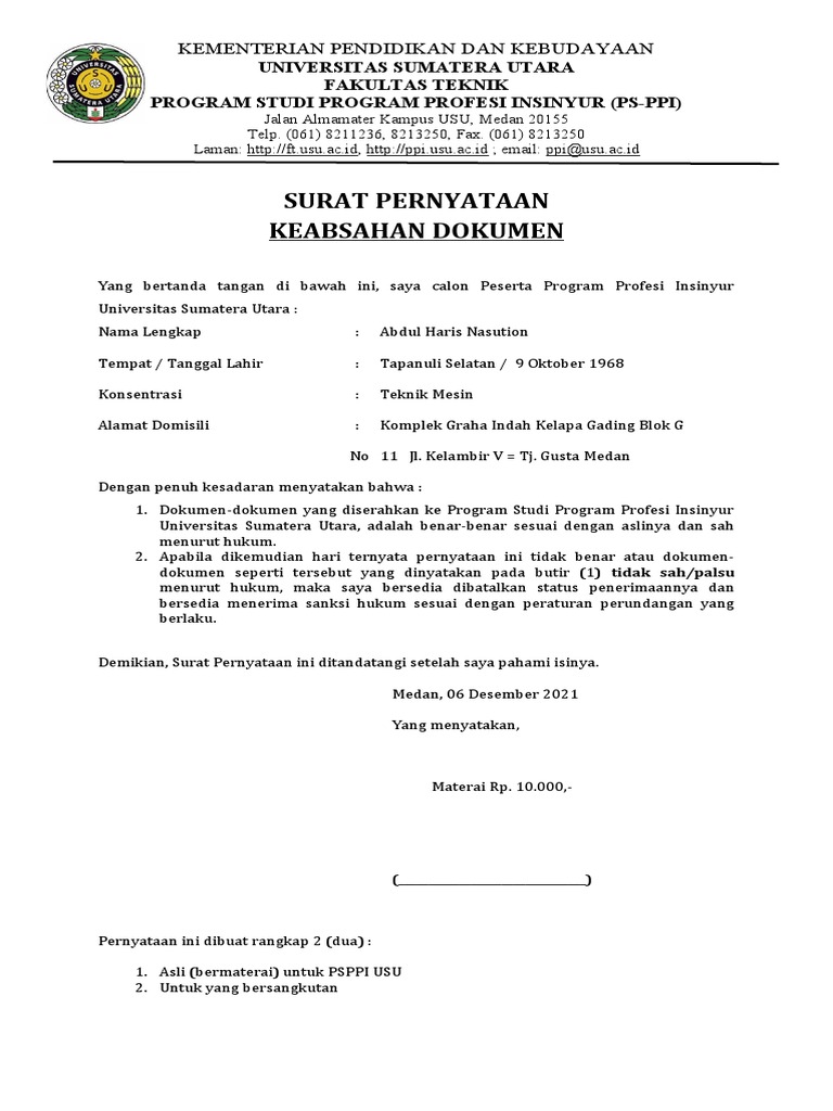 Surat Pernyataan Keabsahan Dokumen-1 | PDF