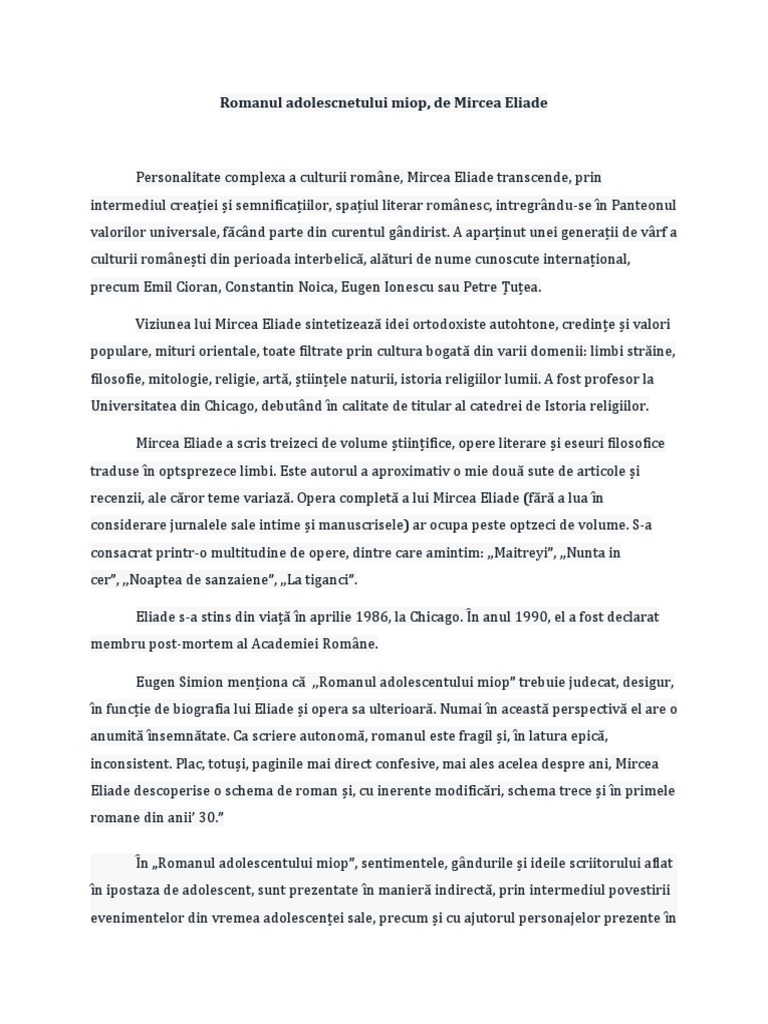 Romanul Adolescentului Miop Fisa De Lectura Romanul adolescentului miop | PDF