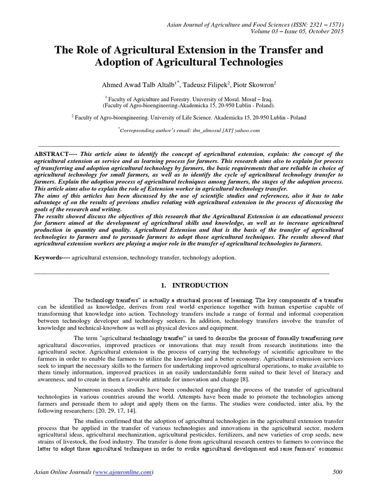 Role of Extension in Agri-Tech Adoption | PDF | Agriculture | Goal