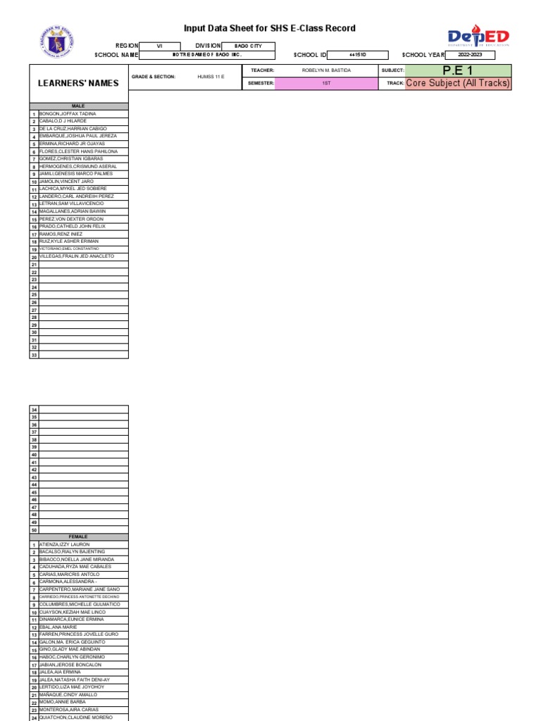SHS E-Class Record for HUMSS 11 E | PDF