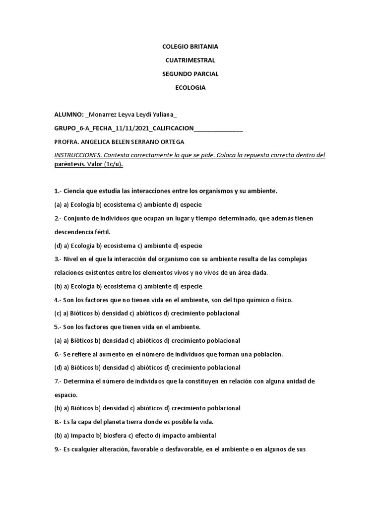 Examen de Ecología 6-A | PDF | Entorno natural | Ecología