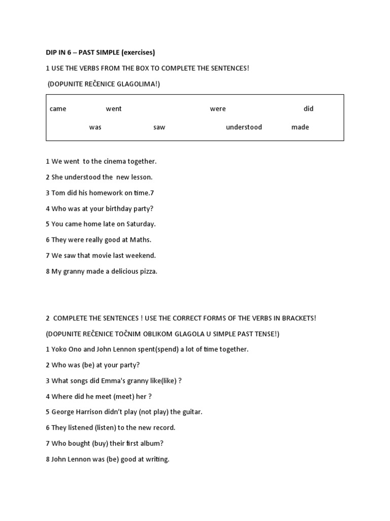 Past Simple Tenses Exercises Completing Sentences with Common Irregular Verbs from 'DIP IN 6' PDF