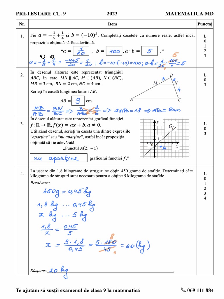 Pretestarea Clasa 9 Matematica - MD | PDF