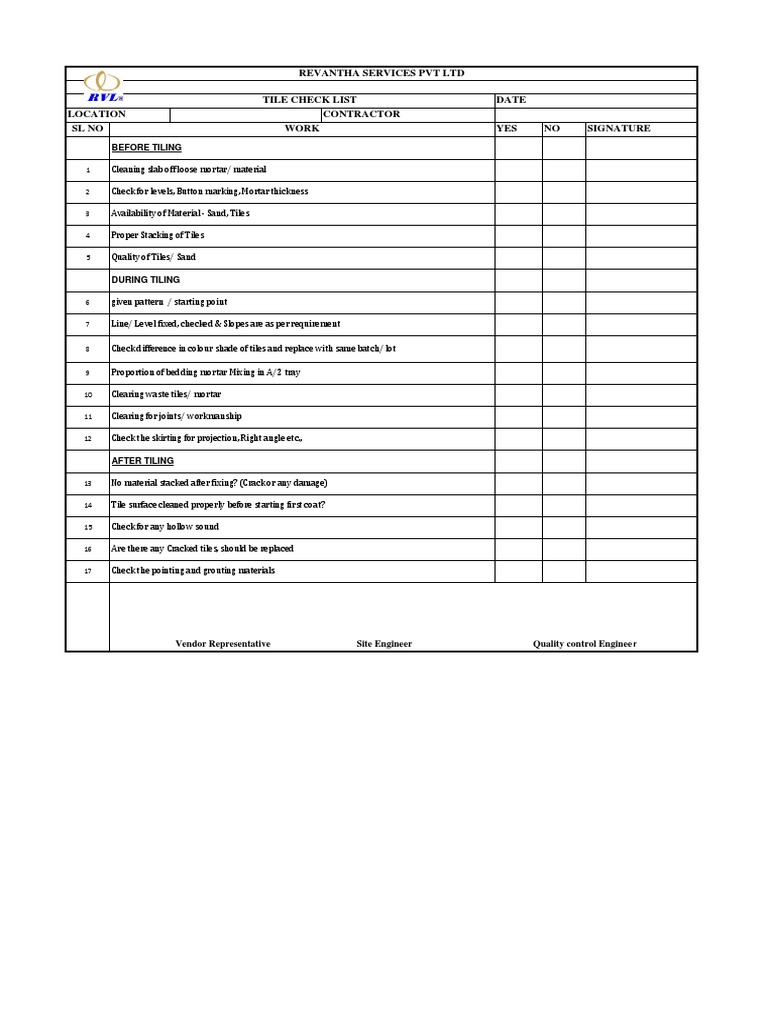 Check List For Tiling Work PDF