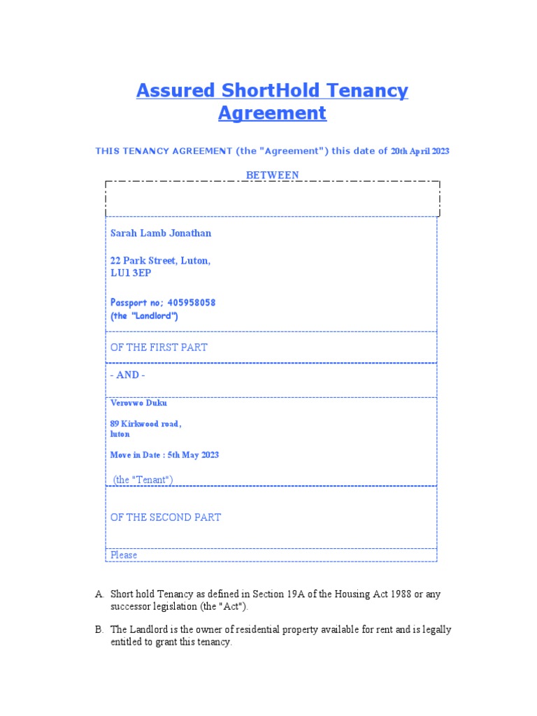 Assured Shorthold Tenancy Agreement: Between | PDF | Leasehold Estate ...