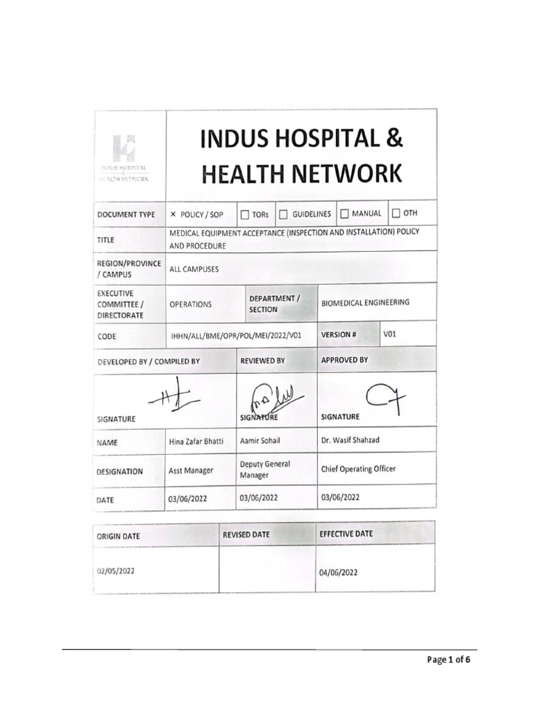 3 Medical Equipment Acceptance (Inspection and Installation) Policy