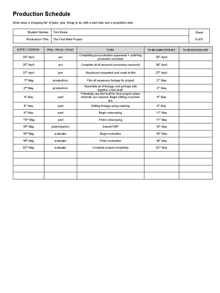Production Schedule Blank | PDF