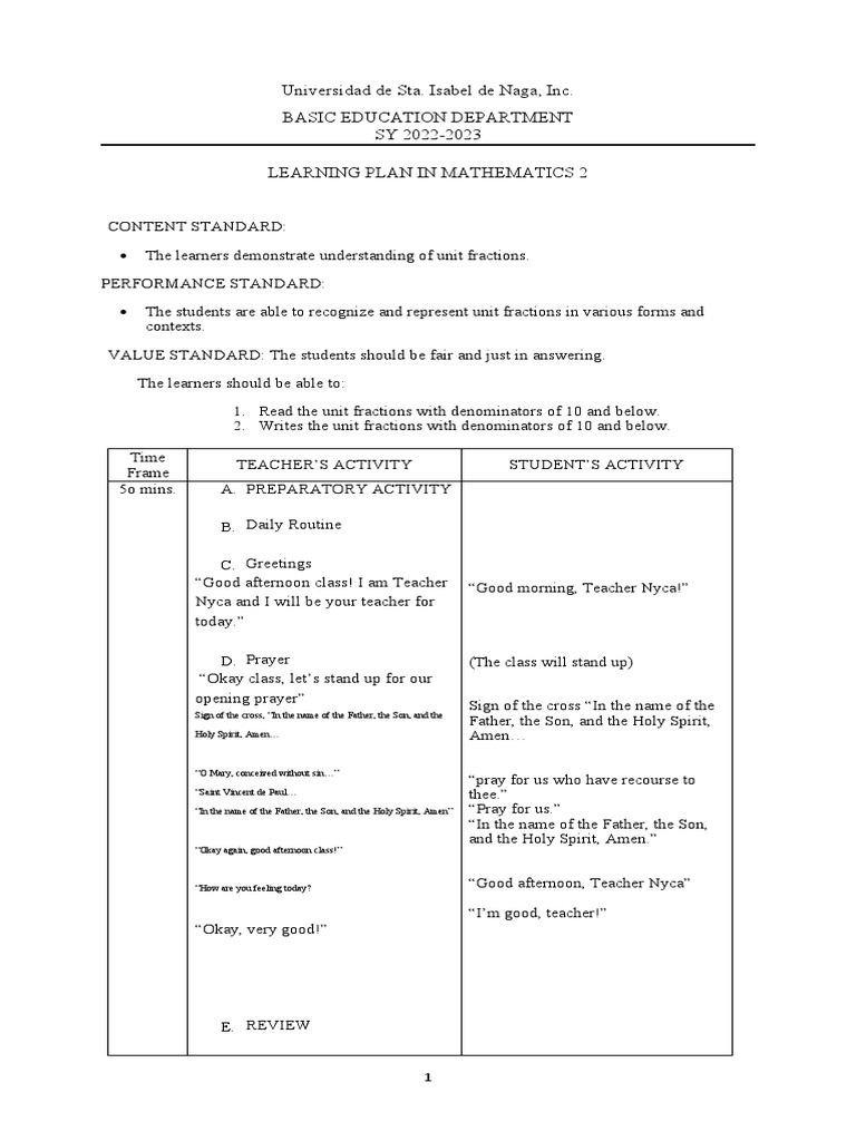 Grade 2 Unit Fraction Lesson Plan | PDF | Numbers | Arithmetic