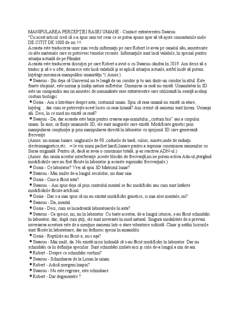 MANIPULAREA PERCEPȚIEI RASEI UMANE - Contact Extraterestru Swaruu | PDF