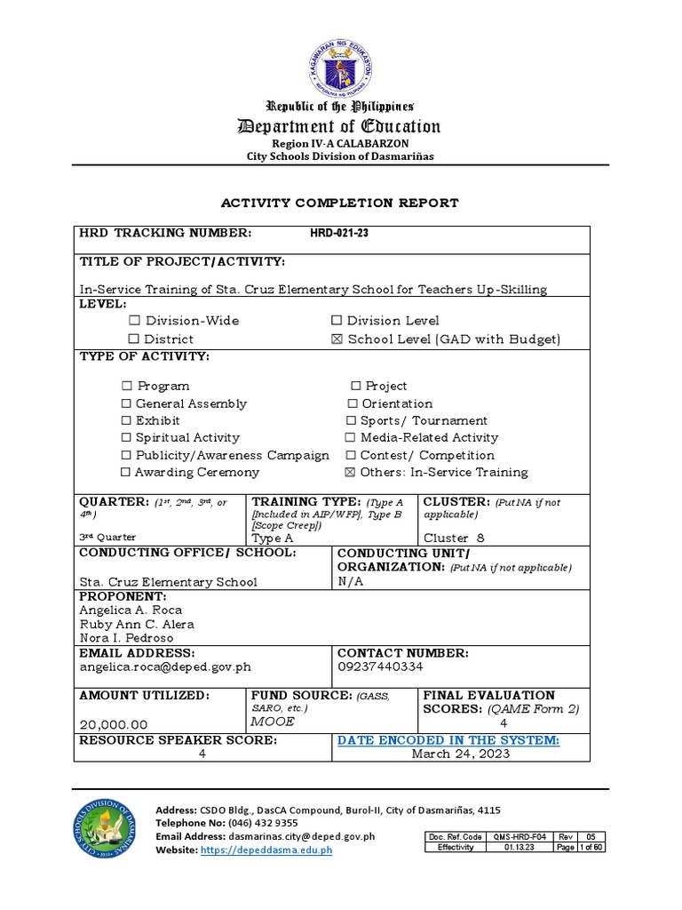 QMS-HRD-F04-Activity-Completion-Report - SCES - HRD-021-23 | PDF
