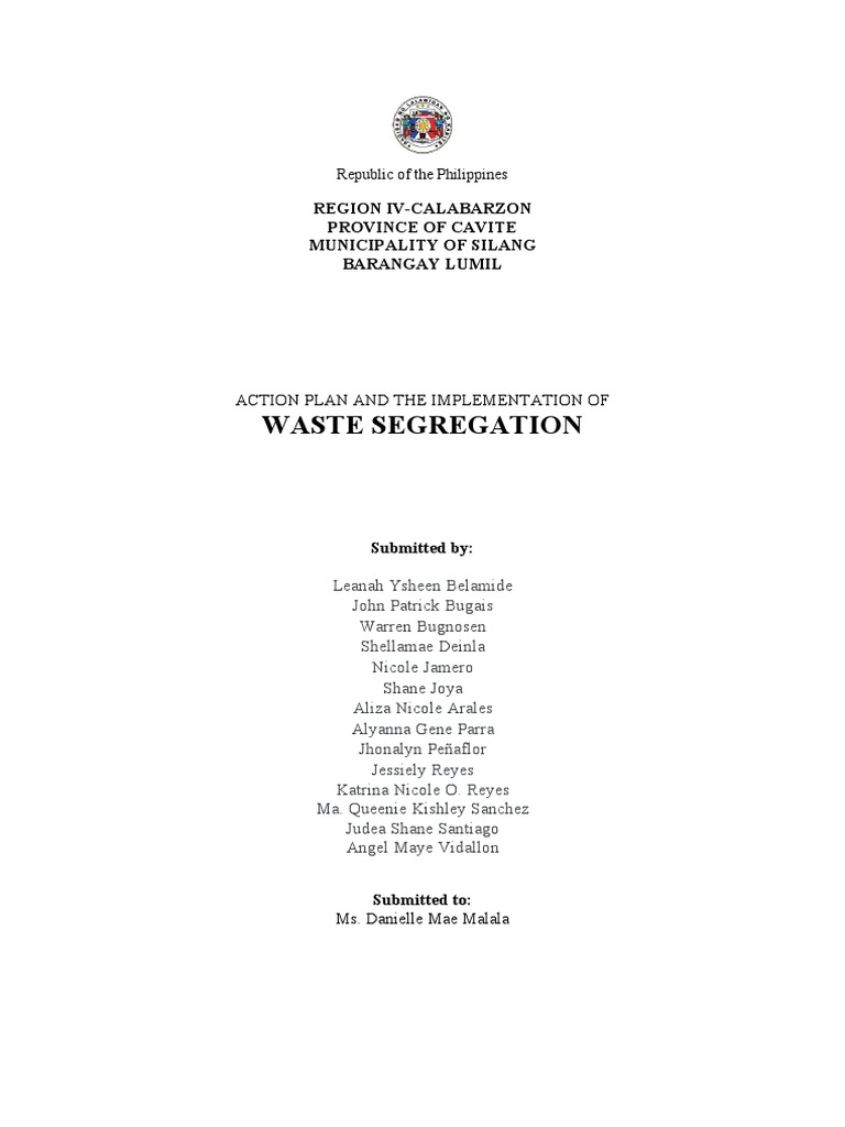 Waste Segregation: Region Iv-Calabarzon Province of Cavite Municipality ...