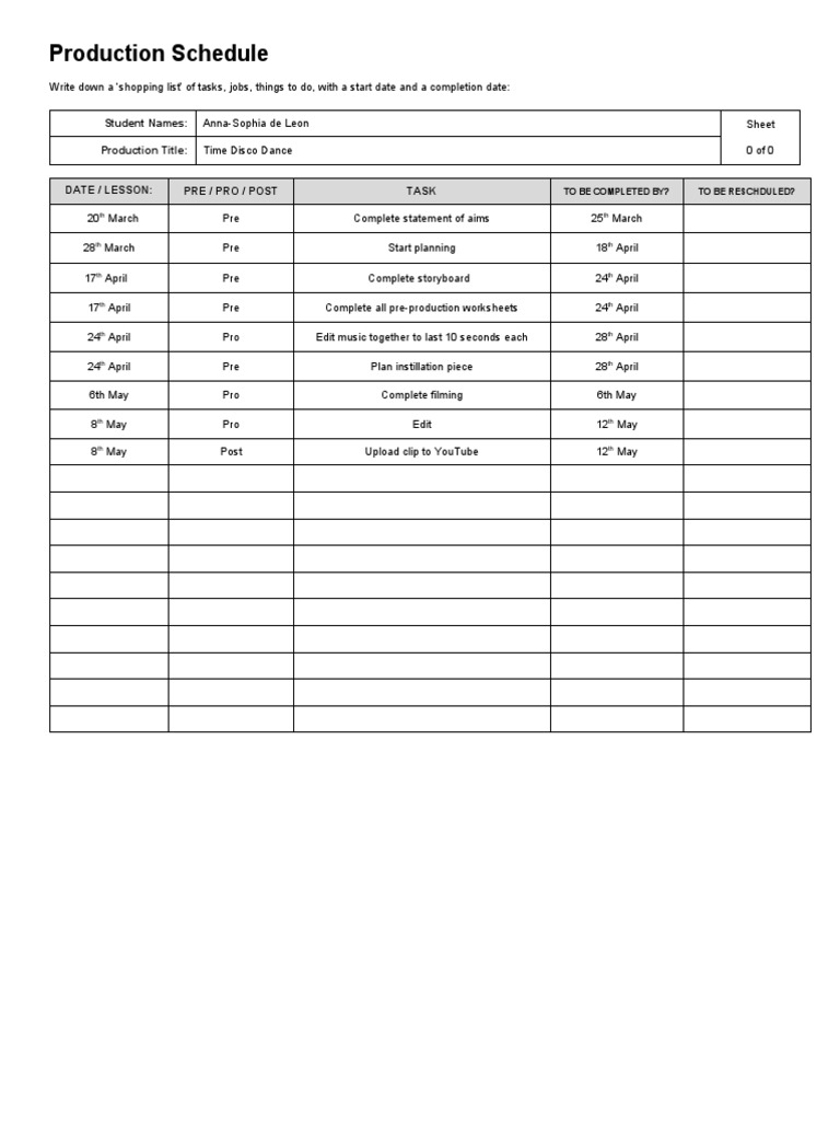 Production Schedule Blank PDF