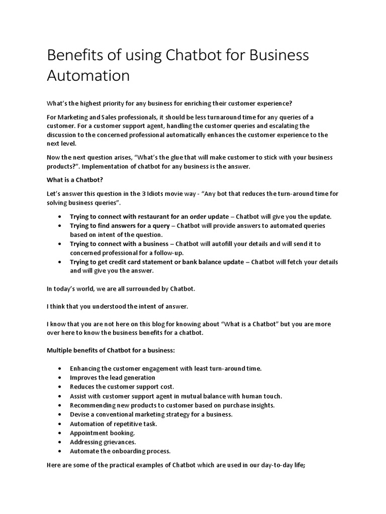 Benefits of Using Chatbot For Business Automation | PDF | Business