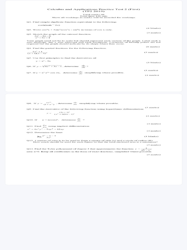 First Practice Test 2 TP2 2019 - Calculus and Applications Practice T | PDF