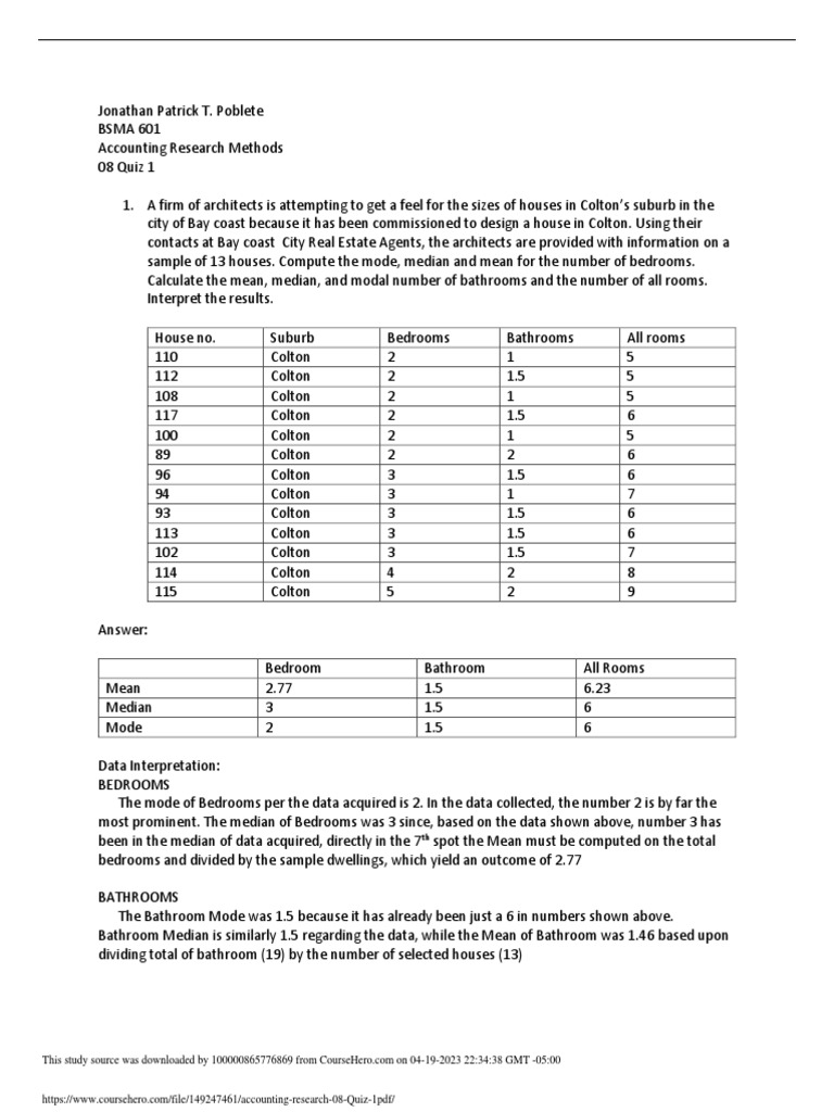 Accounting research 08 quiz 1 pdf pdf median percentile