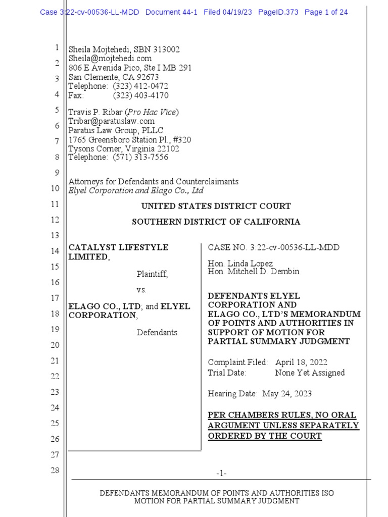 Catalyst v. Elago - MSJ Brief | PDF | Summary Judgment | Justice