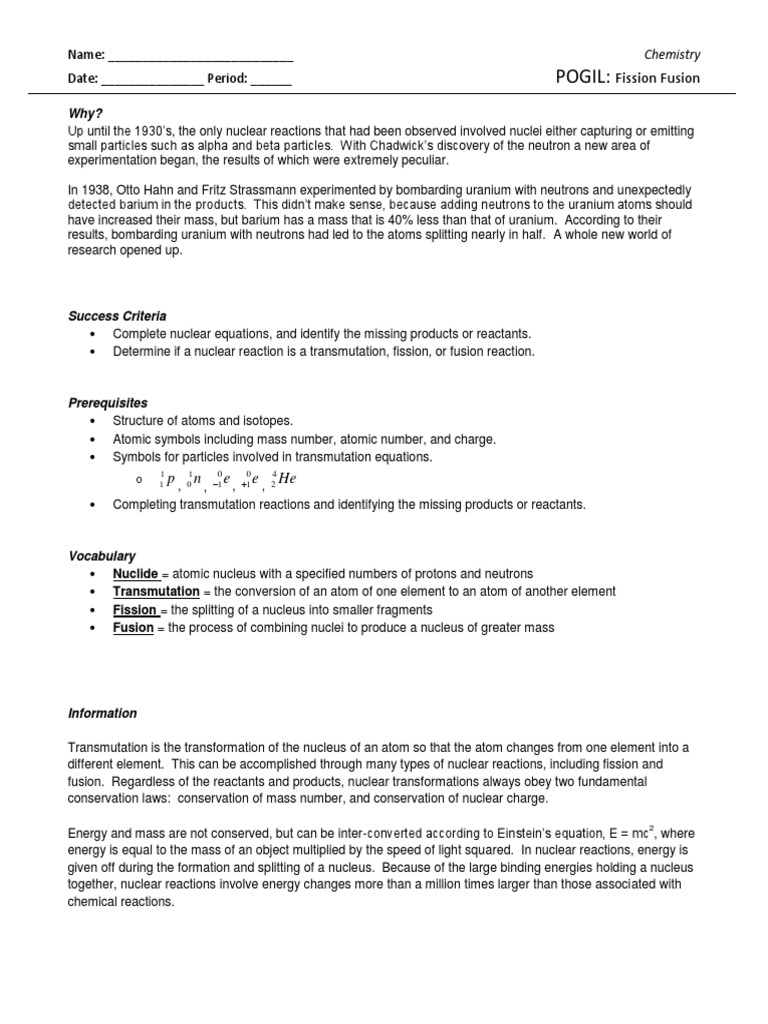 Pogil Fission And Fusion Pdf Nuclear Reaction Nuclear Physics