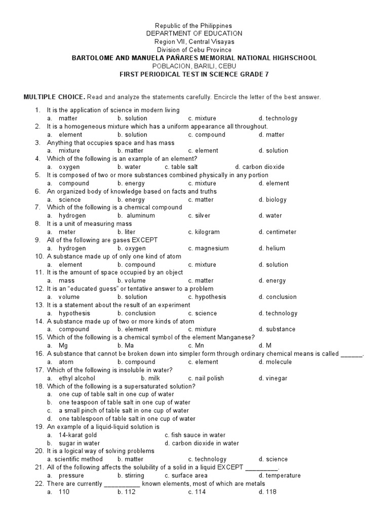 First Periodical Test in Science Grade 7 | PDF
