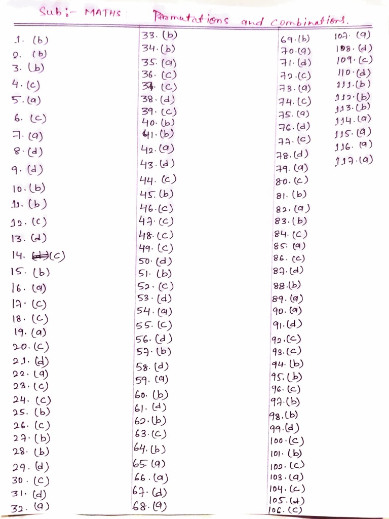 Permutations and Combinations Answer Sheet PDF