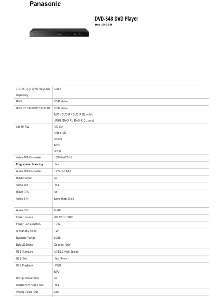 Panasonic DVDS48 DVDS48 DVD Player PDF