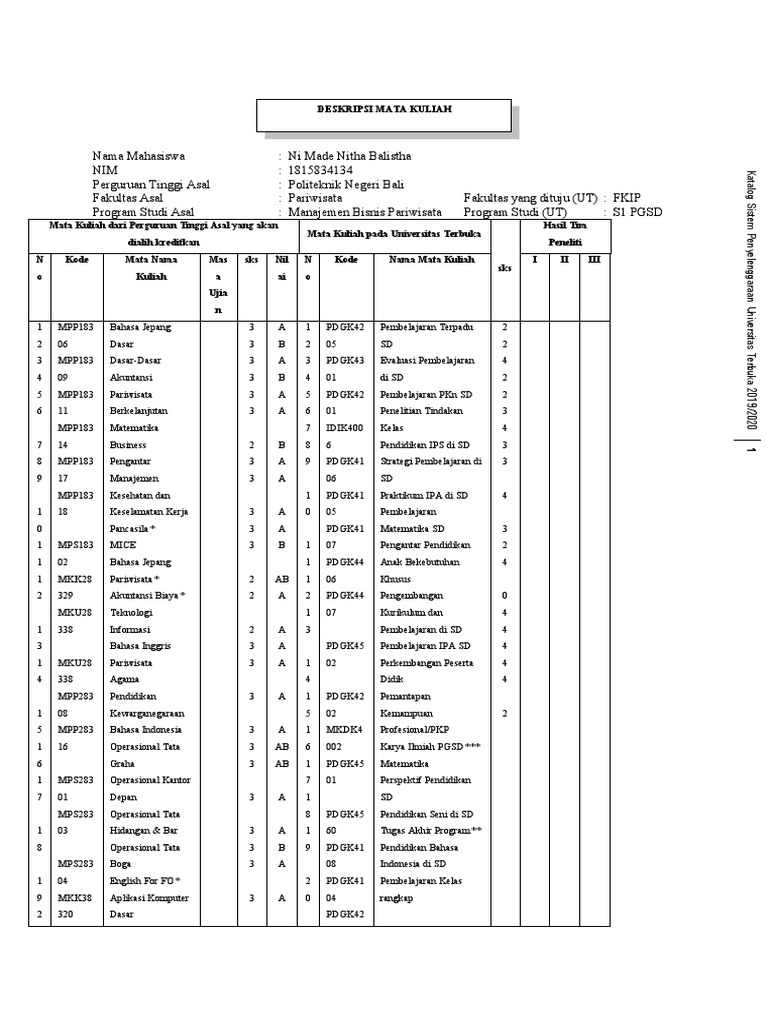 Alih Kredit Mata Kuliah UT 2019/2020 | PDF