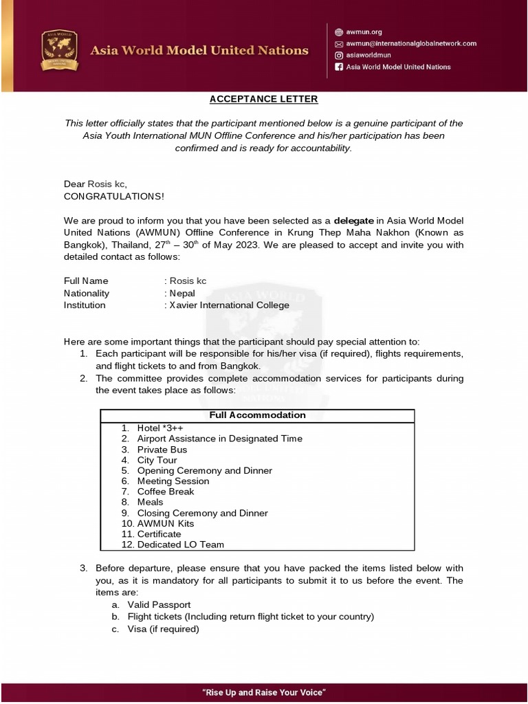AWMUN 2023 Acceptance Letter | PDF | United Nations | International ...
