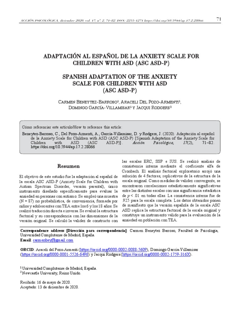Adaptación Al Español de La Anxiety Scale For Children With Asd (Asc ...