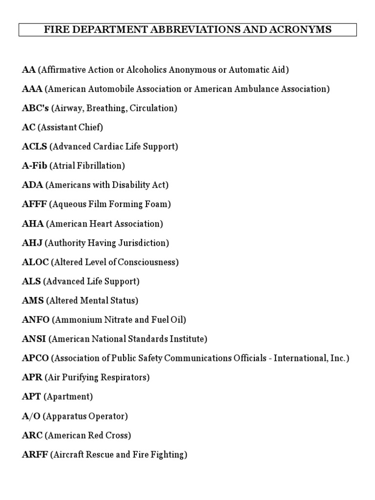 Fire Department Abbreviations and Acronyms | PDF | Emergency Medical ...