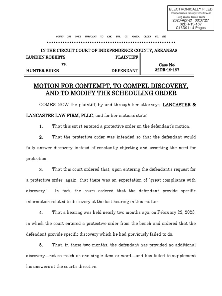 Motion For Contempt, To Compel Discovery, and To Modify The Scheduling