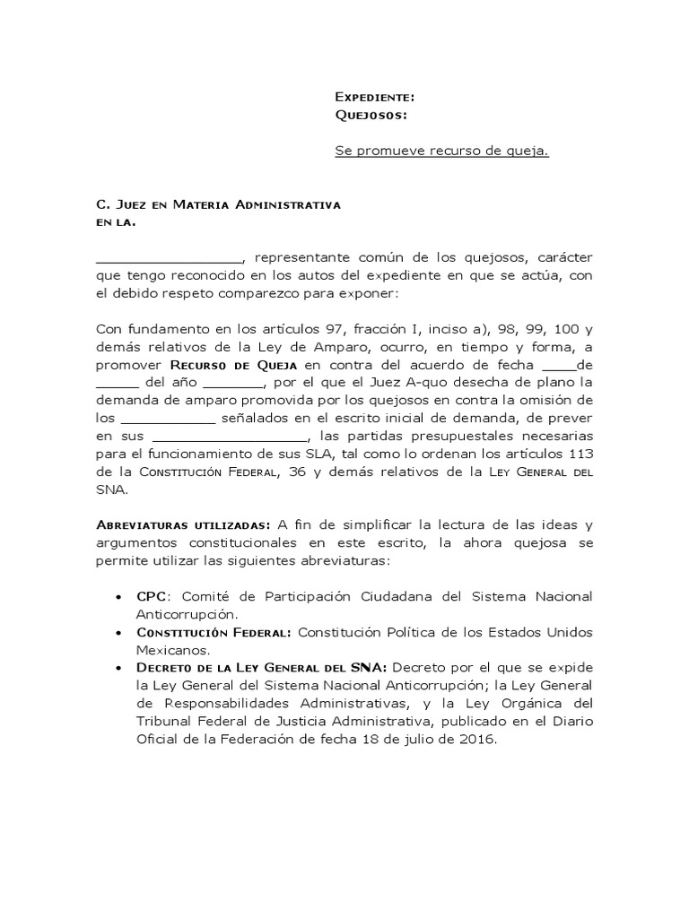 Recurso de Queja en Amparo Anticorrupción | PDF | Derechos humanos ...