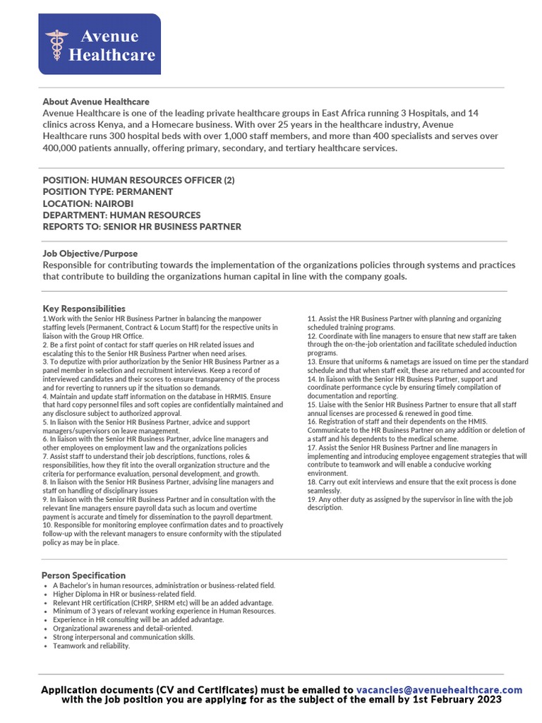 HR Officer Position at Avenue Healthcare | PDF | Business | Human Resources