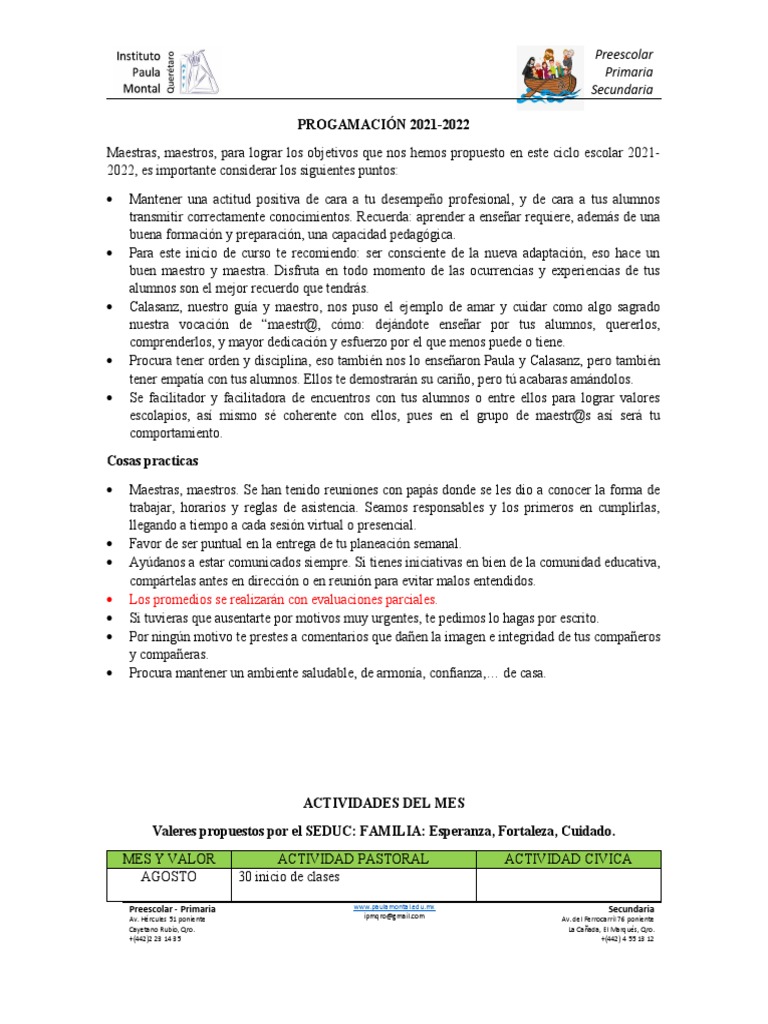 Programación Escolar 2021-2022 | PDF