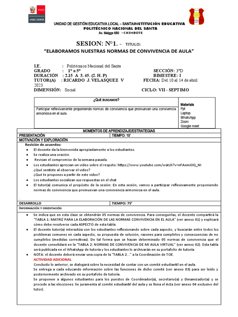 Normas de Convivencia en el Aula 3°D | PDF | Salón de clases