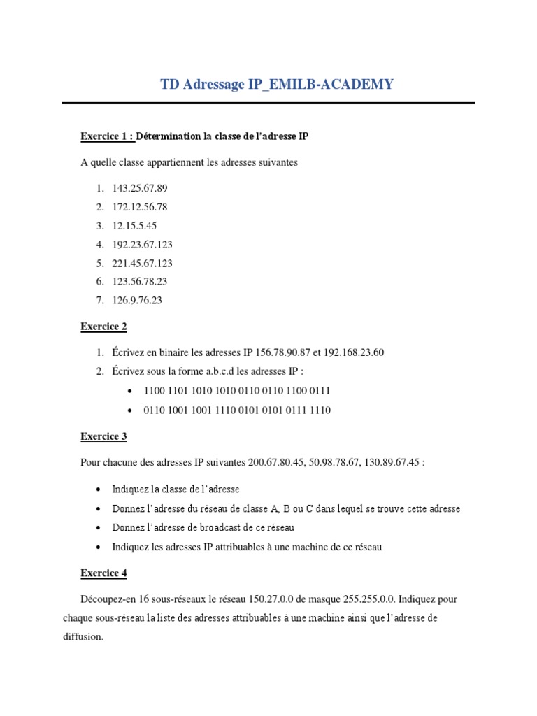 Exercice sur l'adressage IP et sous-réseaux | PDF | Adresse IP | Réseau ...