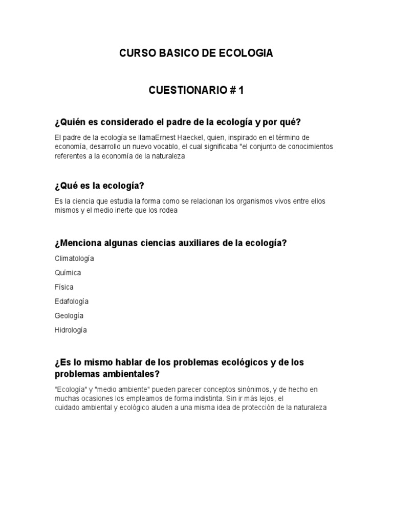 CUESTIONARIO DE ECOLOGIA 1 | PDF | Ecosistema | Ecología