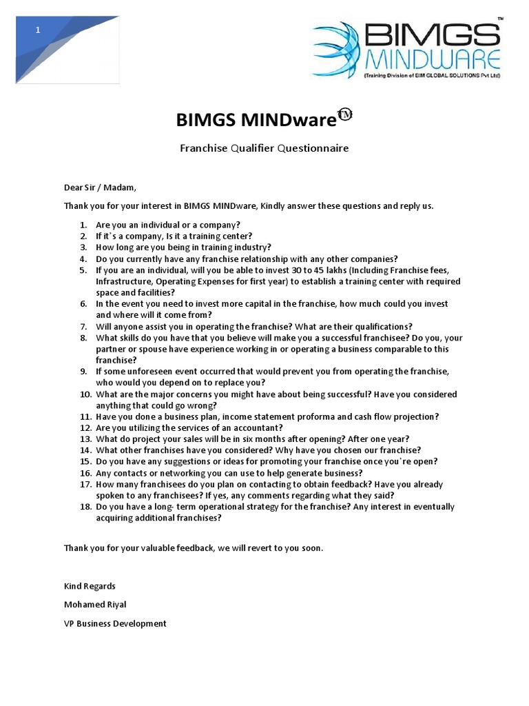 BIMGS MINDware Franchise Questionnaire | PDF | Franchising | Economies