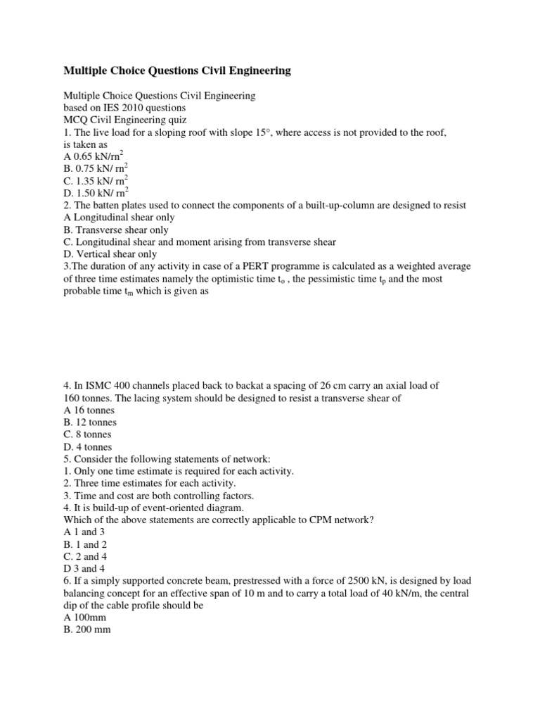 Multiple Choice Questions Civil Engineering | PDF | Bending | Concrete