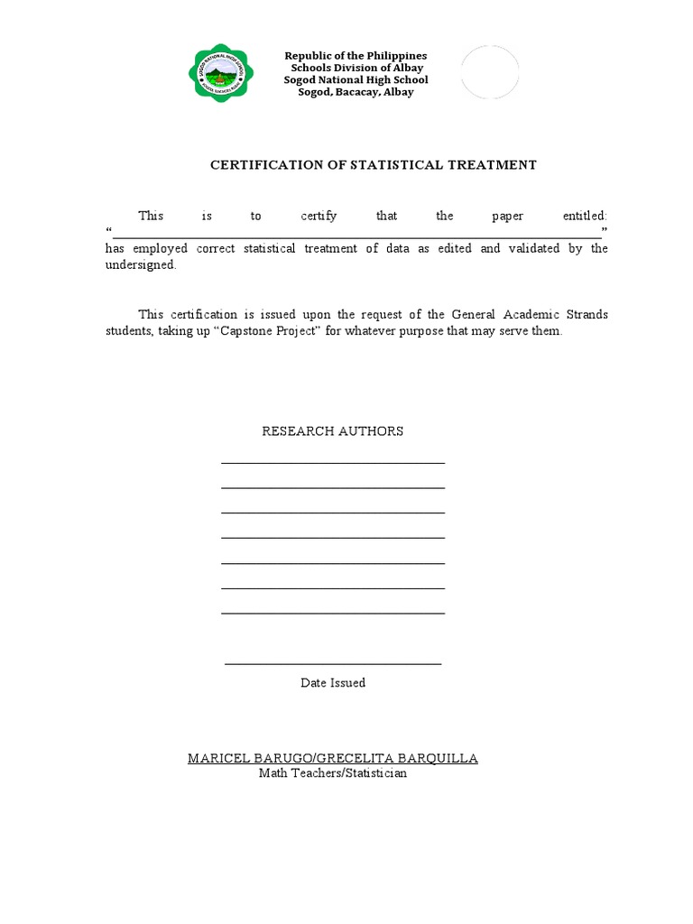 Statistical Treatment Certification | PDF | Observation | Writing