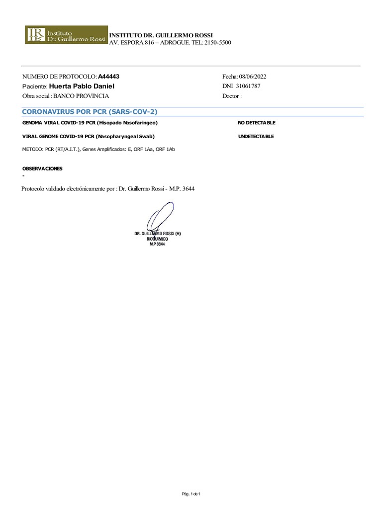 Huerta Pablo Daniel: Coronavirus Por PCR (Sars-Cov-2) | PDF