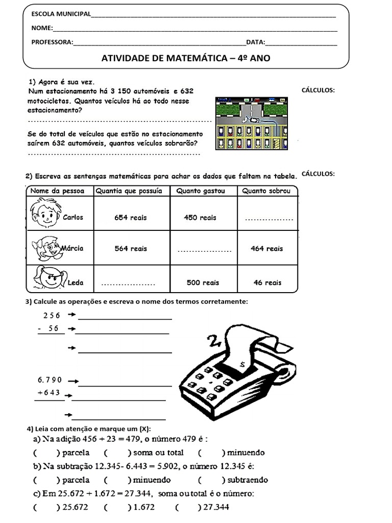 Atividade de Adição e Subtração - 4º Ano | PDF