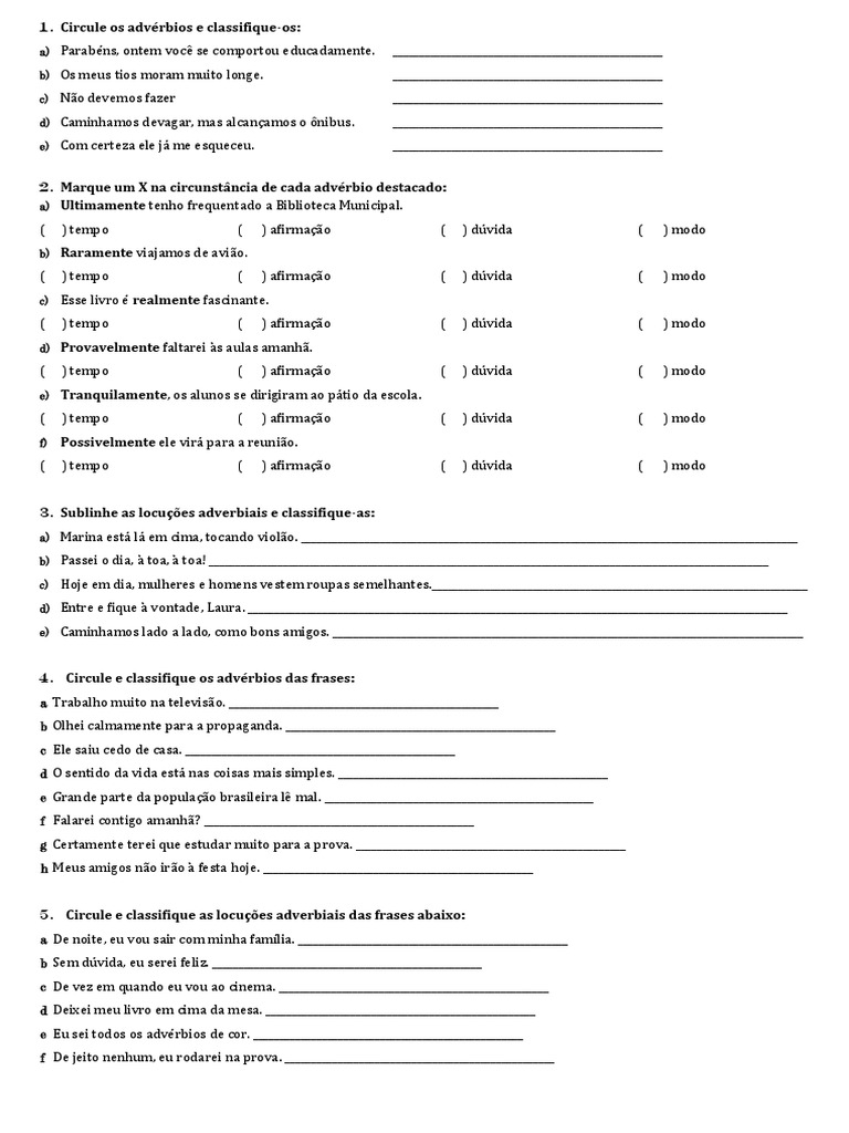 Exercícios sobre Advérbios e Locuções 7º Ano | PDF | Advérbio