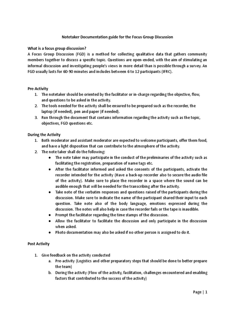 Focus Group Discussion Notetaker Guide | PDF | Focus Group | Cognitive ...